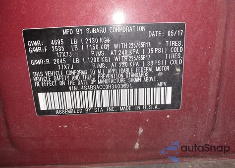 2017 Subaru Outback 2.5I Premium z USA, uszkodzony, nr VIN 4S4BSACC0H3403691